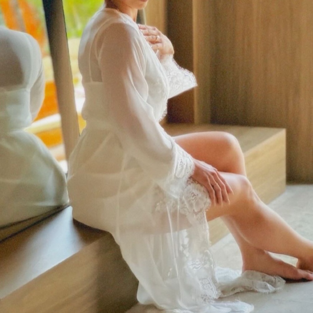 Sheer Lace-Trim Robe in White - Lightweight Bridal & Lounge Wrap